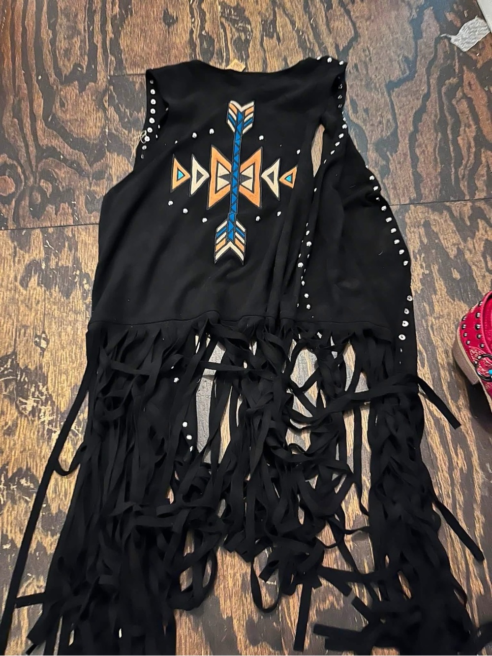 Black Fringe wrangler Vest with Tribal Arrow Motif